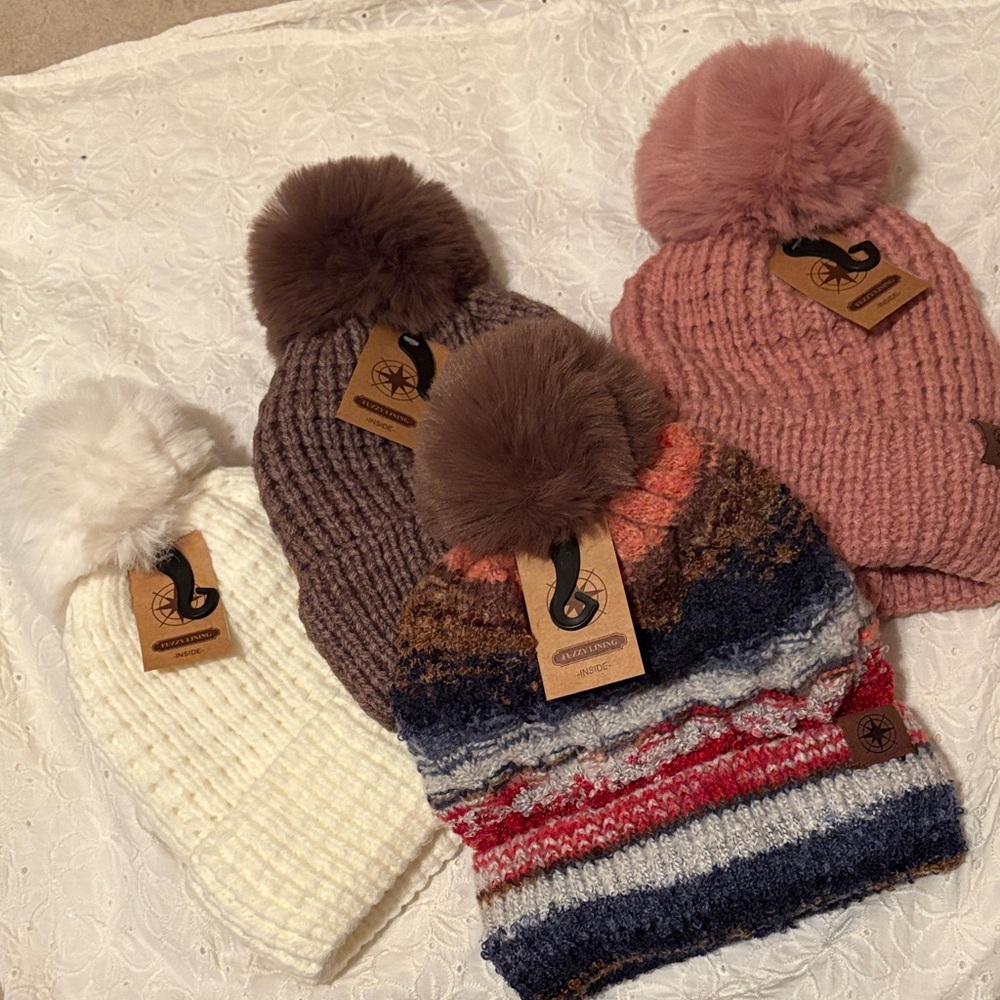 Cozy Knit Pom-Pom Beanie - Cream, Brown, Pink, or Multicolor - Picture 1 of 5